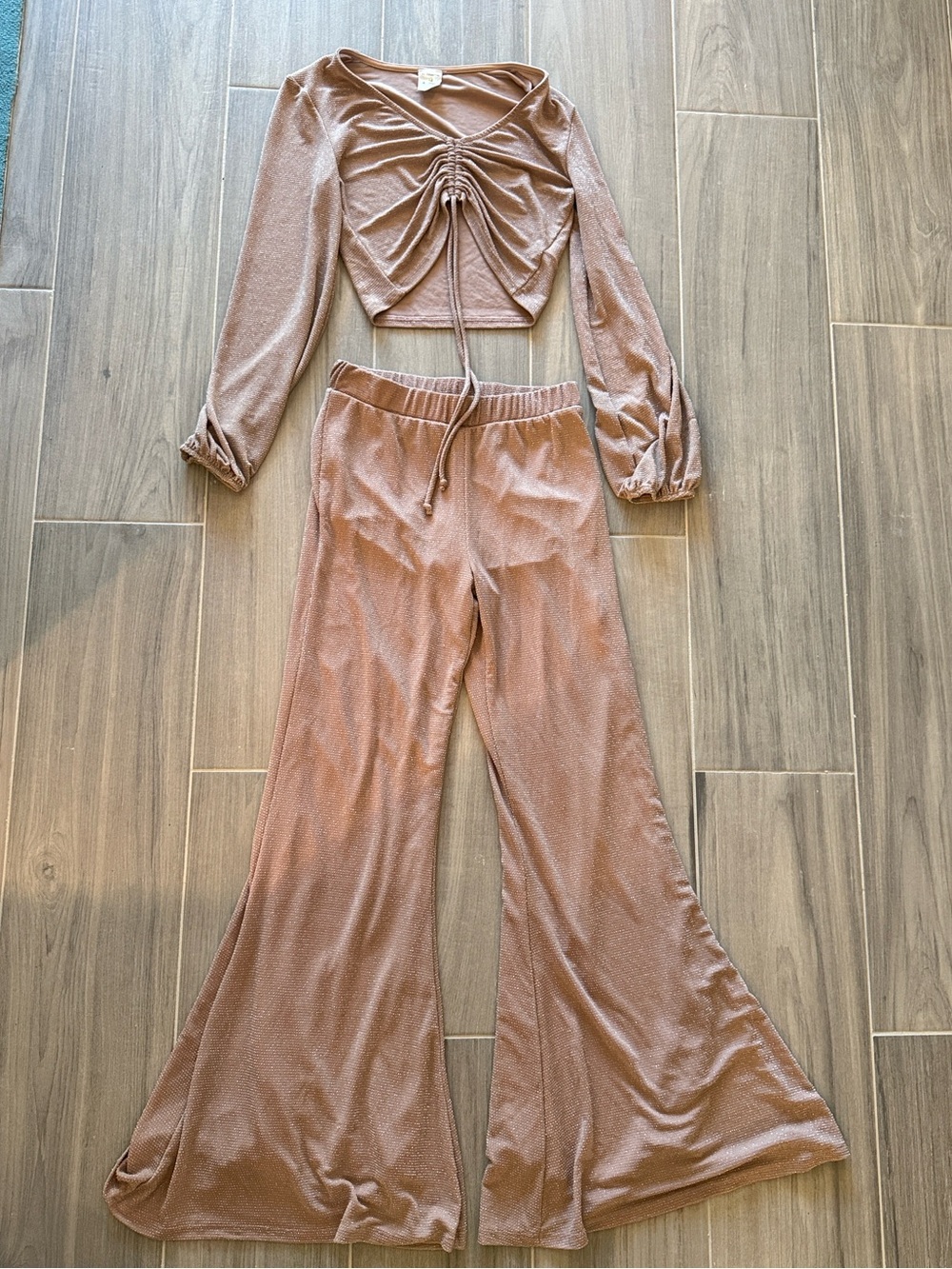 By Together Mauve Ruched Crop Top & Flared Pants Set